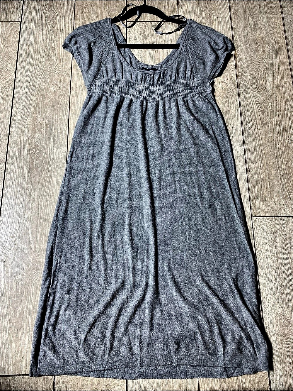 Tommy Hilfiger Grey Smocked Empire Waist Knit Dress Cap Sleeve Casual Small